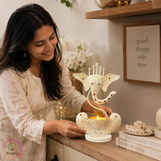 White Ganesh Ji Iron Tealight Candle Holder