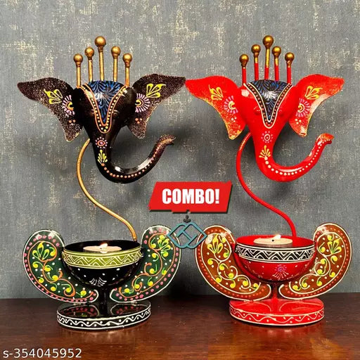 Ganesha T light Combo Set of two Red And Brown Table Décor