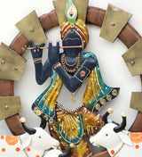 Lord krishna With Cow Back Light Spiritual Metallic Wall Art thumbnail