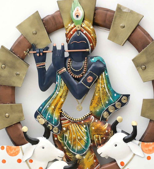 Lord krishna With Cow Back Light Spiritual Metallic Wall Art media 6