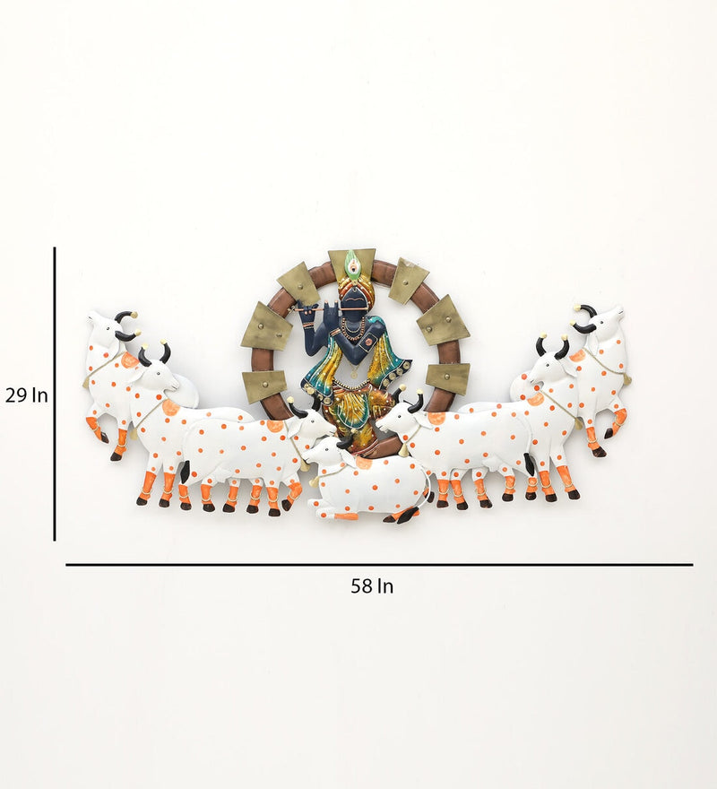 Lord krishna With Cow Back Light Spiritual Metallic Wall Art detail 3