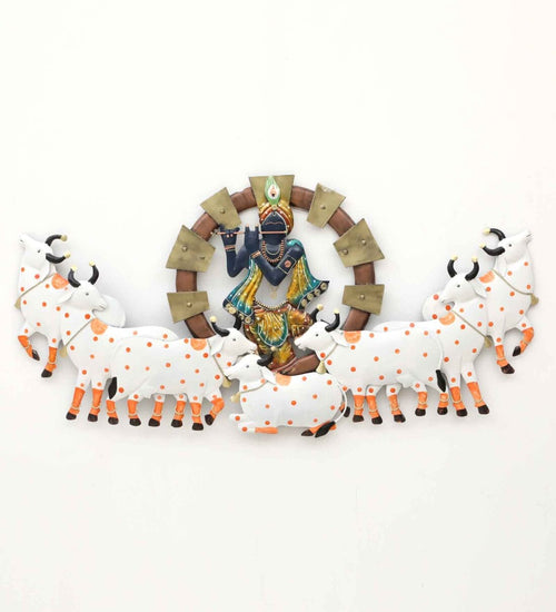 Lord krishna With Cow Back Light Spiritual Metallic Wall Art media 2
