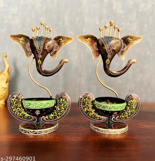 Kraphy Iron Ganesh T-Light Candle Holder Figurine set of 2