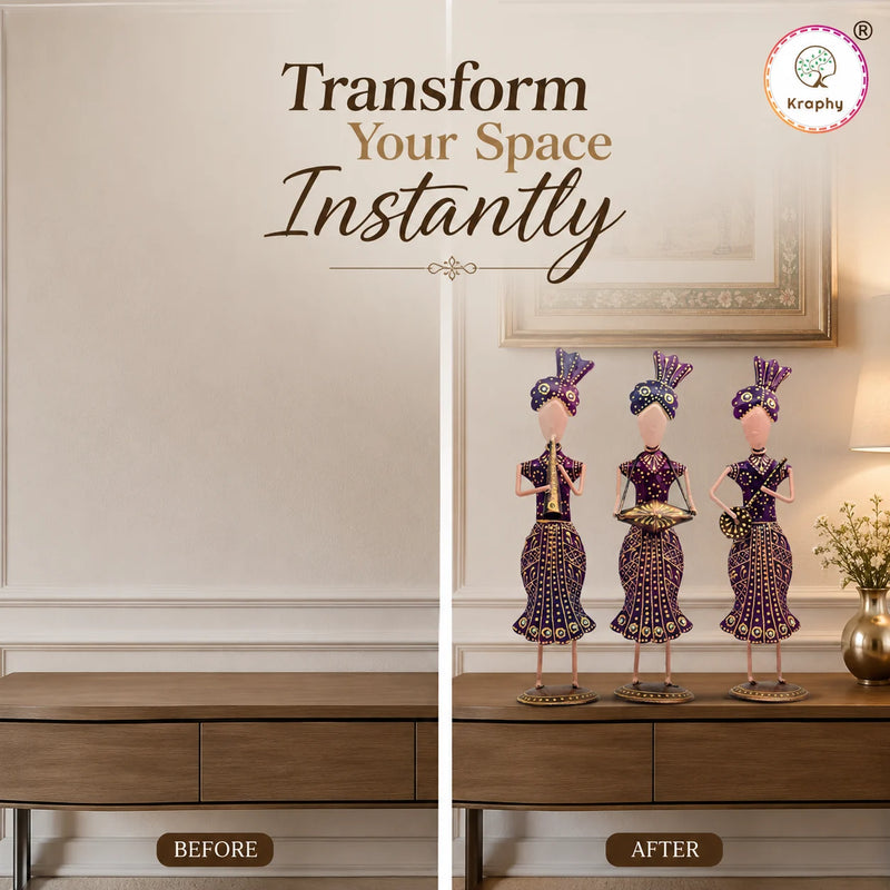 Rajasthani Musician Trio Metal Showpiece Set | Hand-Painted Purple Folk Art | Set of 3 | 13 Inch detail 2