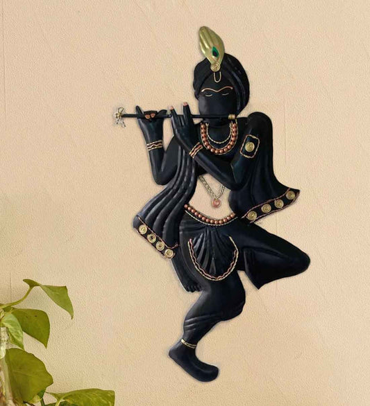 Black Lord Krishna Playing Flute Metal Wall Hanging