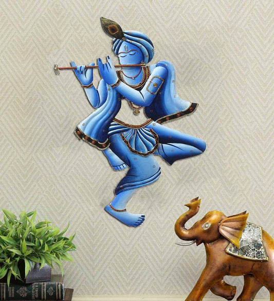 Blue Lord Krishna Playing Flute Metal Wall Hanging