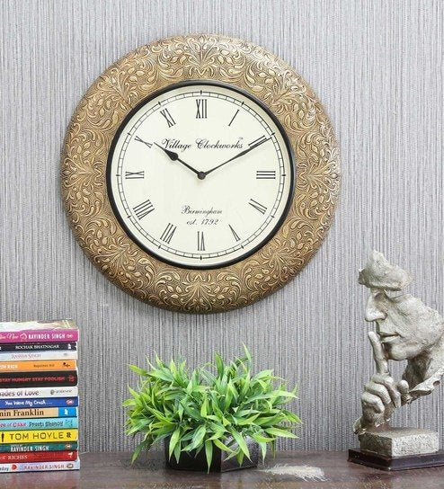 Brown Brass Round Analog Wooden Wall Clock