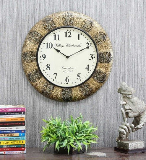 Antique Brown Brass Round Analog Wall Clock