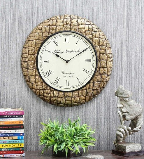 Brown Brass Round Analog Wall Clock Design