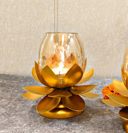 Kraphy Crystal Crackle Gold Plated Candle Holder Tealight Stand Flower Decorative Tealight Holders For Home Office Living Room Indoor Dining Mandir Centerpiece Decoration (1 Box )