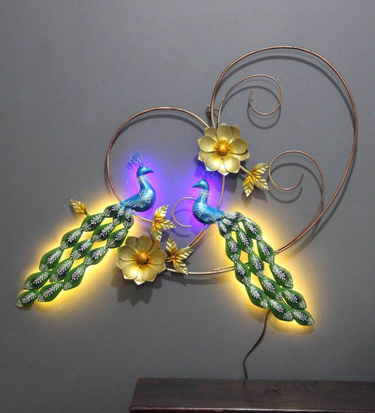 Iron Peacock Wall Art With LED In Green By Kraphy