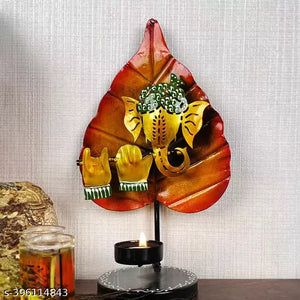 Hand Crafted Metal Lord Ganesha Leaf T-Light Set Of Two Candle Holders