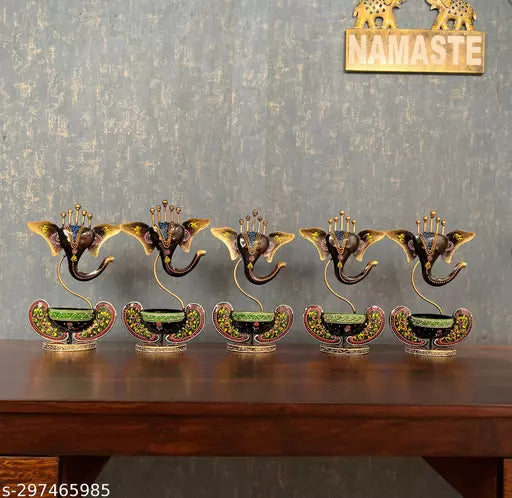 Kraphy Iron Ganesh T-Light Candle Holder Figurine Set Of five