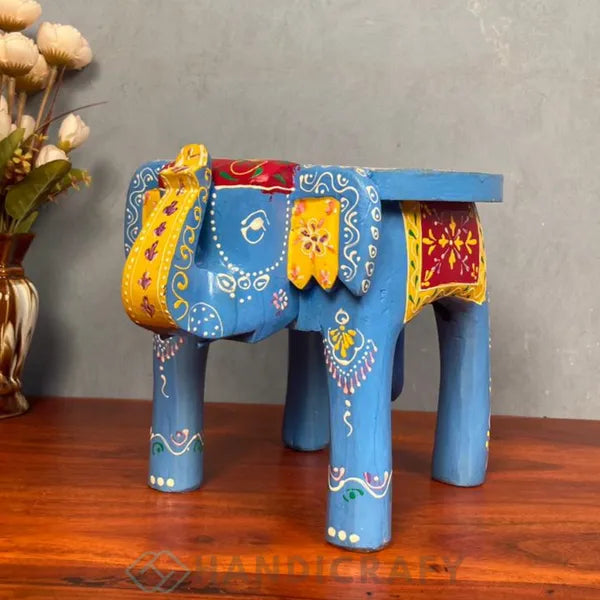 Wooden Elephant Stool With Blue Color