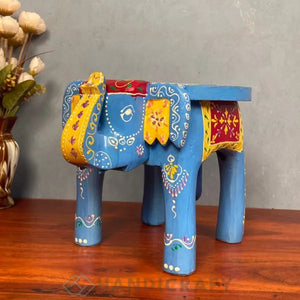 Wooden Elephant Stool With Blue Color