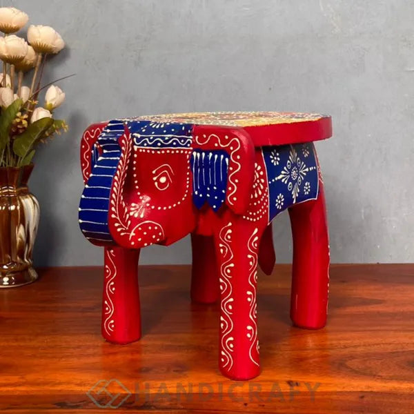 Wooden Elephant Stool With Rad Color