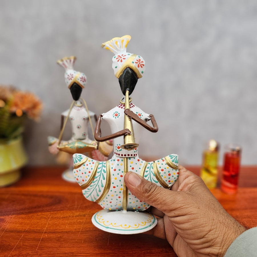 Metal Musician Showpiece Set of Two White Finish