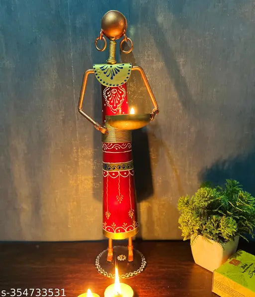 Combo Kraphy Metal Iron Tribal Lady showpieces And Ganesha Tea Light Showpieces
