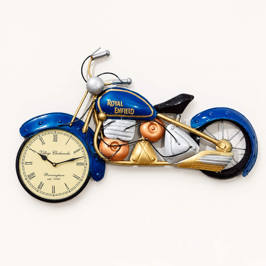 Blue motorcycle-shaped metal wall clock with a cream Roman numeral front wheel and copper, silver and gold details.
