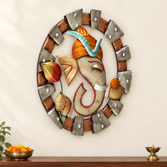 Metal Wall Art Ganesha Ladoo wall Panel WIth Led Light – lifestyle wall decor with marigold bowl and brass diya
