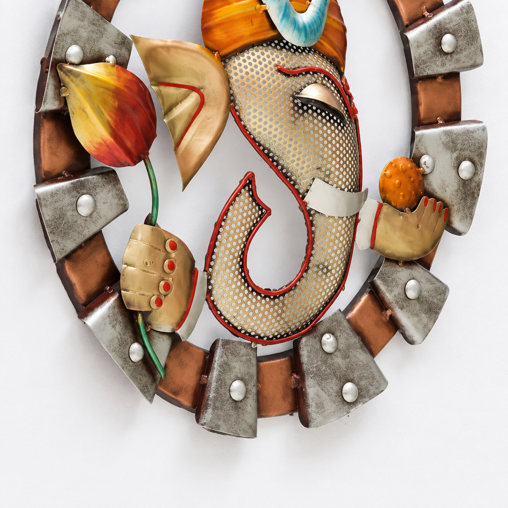Metal Wall Art Ganesha Ladoo wall Panel WIth Led Light – close-up of curved trunk, lotus and ladoo