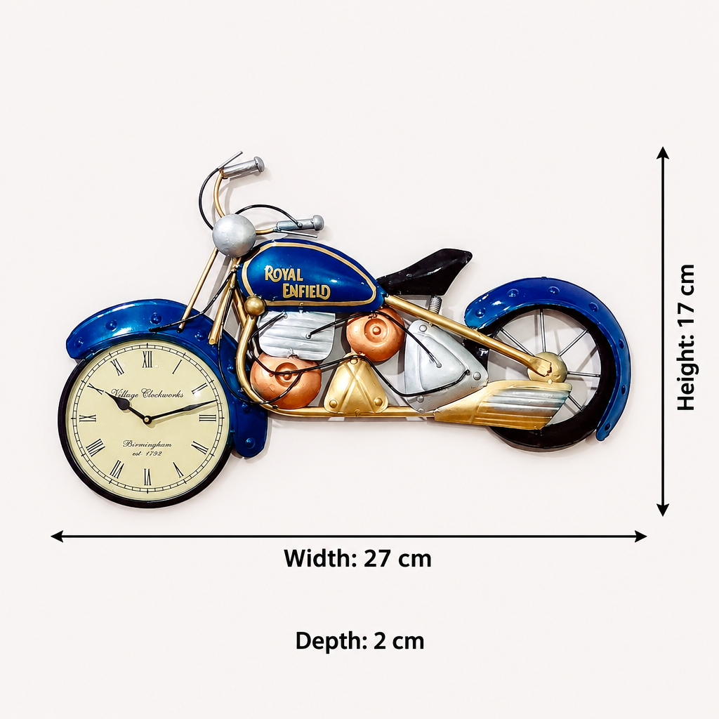 Blue motorcycle wall clock size reference showing 27 cm width, 17 cm height and 2 cm depth.