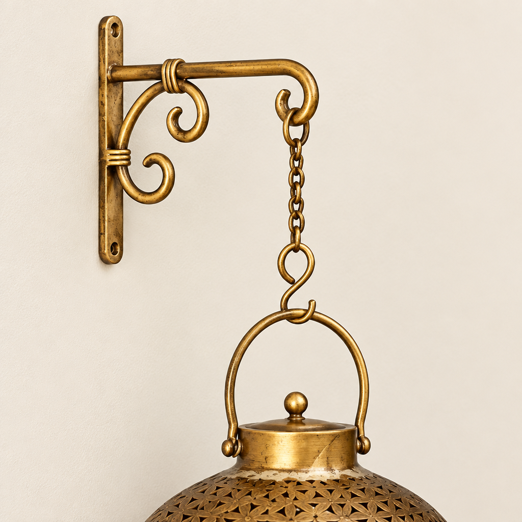 Kraphy Metal Wall Art Dhoop Degachi and candle Holder Wall Hanging With Wall Bracket And Bells – scroll wall bracket, hanging chain and curved handle close-up