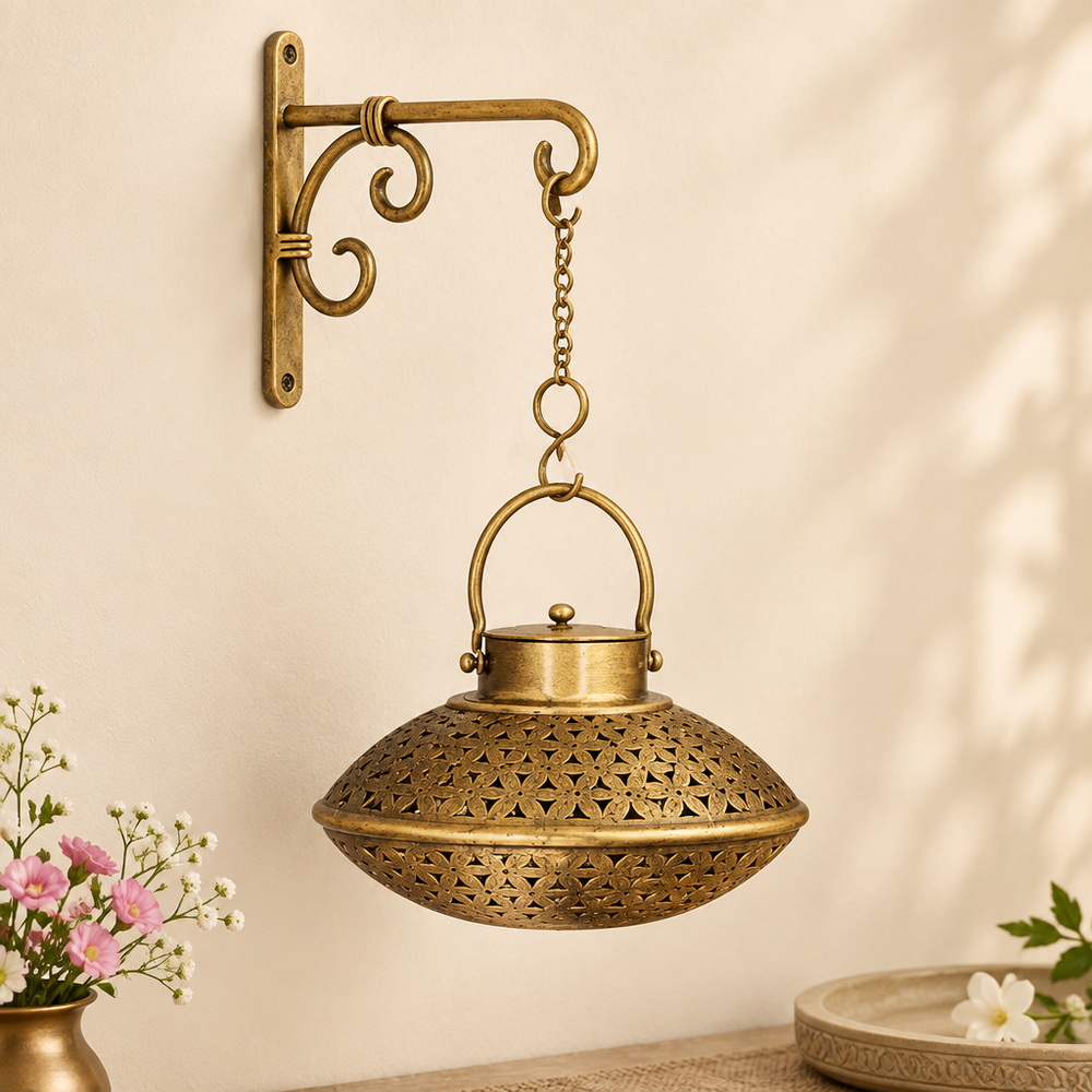Kraphy Metal Wall Art Dhoop Degachi and candle Holder Wall Hanging With Wall Bracket And Bells
