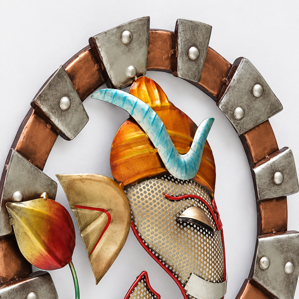 Metal Wall Art Ganesha Ladoo wall Panel WIth Led Light – close-up of Ganesha face, turban and riveted metal border