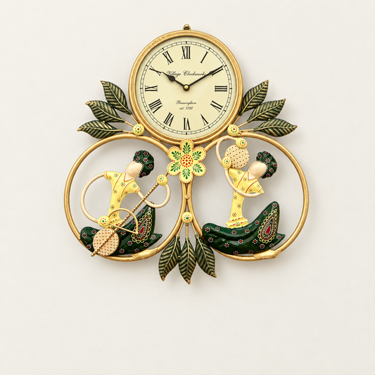Green and yellow folk musicians in gold circular frames beneath a cream Roman numeral clock with metal leaf accents.