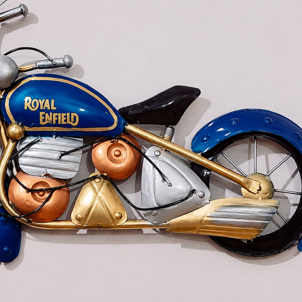 Close-up of the blue motorcycle's fuel tank, black seat, copper and silver body panels and rear wheel.