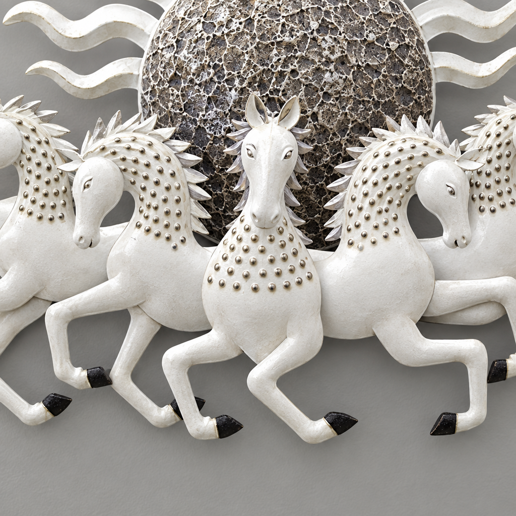 Close-up of white horses and metallic mane details