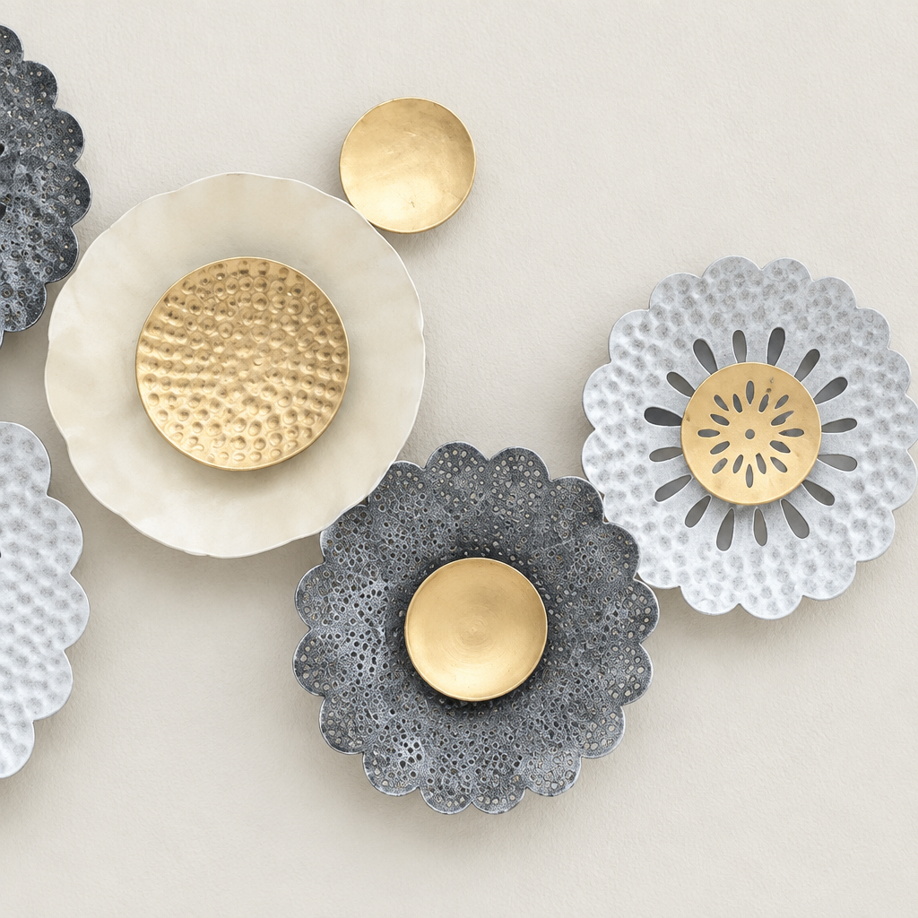 Golden Chestnut Metallic Wall Art Panels – right floral close-up with gold centers and textured metal details