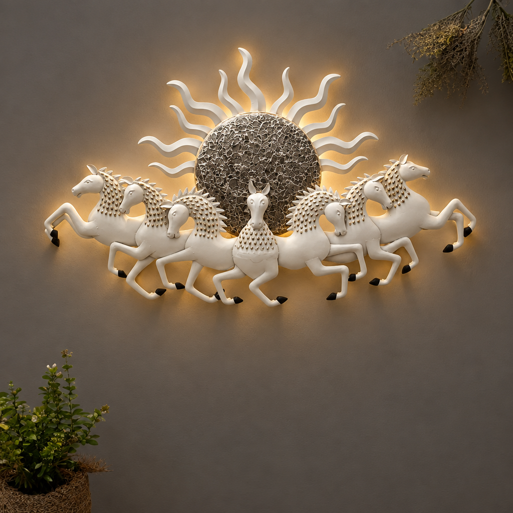 White Seven Running Horses Metal Wall Art with LED strip backlighting