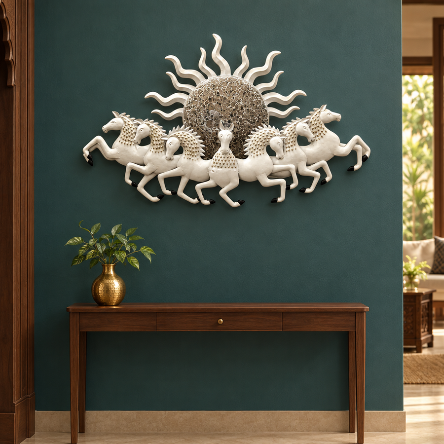 White Seven Running Horses Metal Wall Art