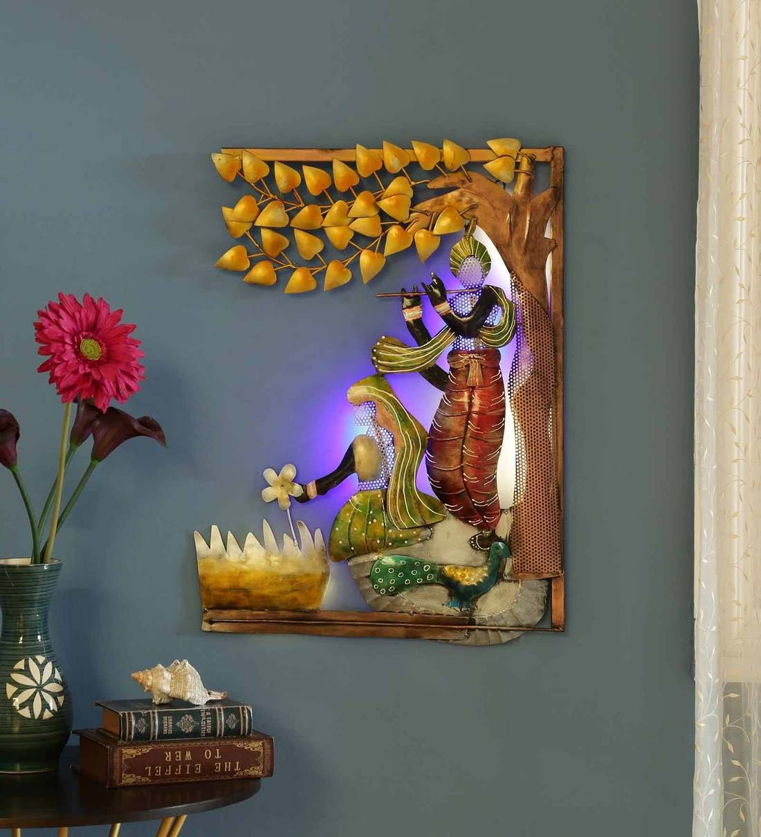 Iron Radha Krishna In Multicolour With LED Wall Art