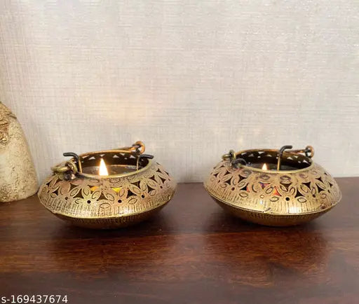 Metal Iron Small Handi T-Lite Holder Showpieces Set Of Two Candle Holders image