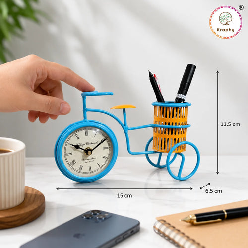 Vintage Bicycle Desk Clock with Pen Holder | Metal Table Clock | Blue & Yellow – Kraphy media 6