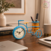 Vintage Bicycle Desk Clock with Pen Holder | Metal Table Clock | Blue & Yellow – Kraphy