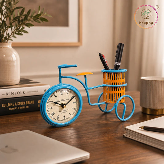 Vintage Bicycle Desk Clock with Pen Holder | Metal Table Clock | Blue & Yellow – Kraphy