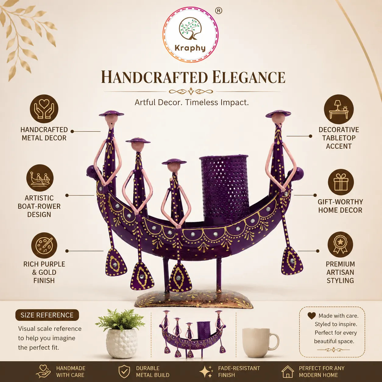 Rajasthani Gondola Pen Holder Metal Showpiece | Hand-Painted Purple Tribal Desk Decor | 9.4 Inch