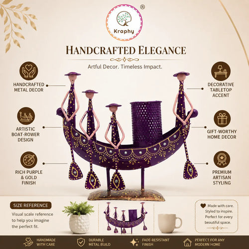 Rajasthani Gondola Pen Holder Metal Showpiece | Hand-Painted Purple Tribal Desk Decor | 9.4 Inch media 4