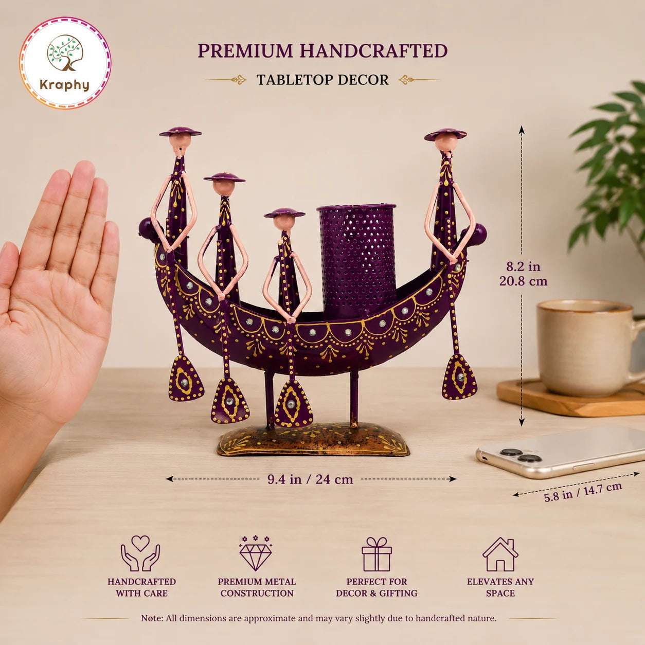 Rajasthani Gondola Pen Holder Metal Showpiece | Hand-Painted Purple Tribal Desk Decor | 9.4 Inch