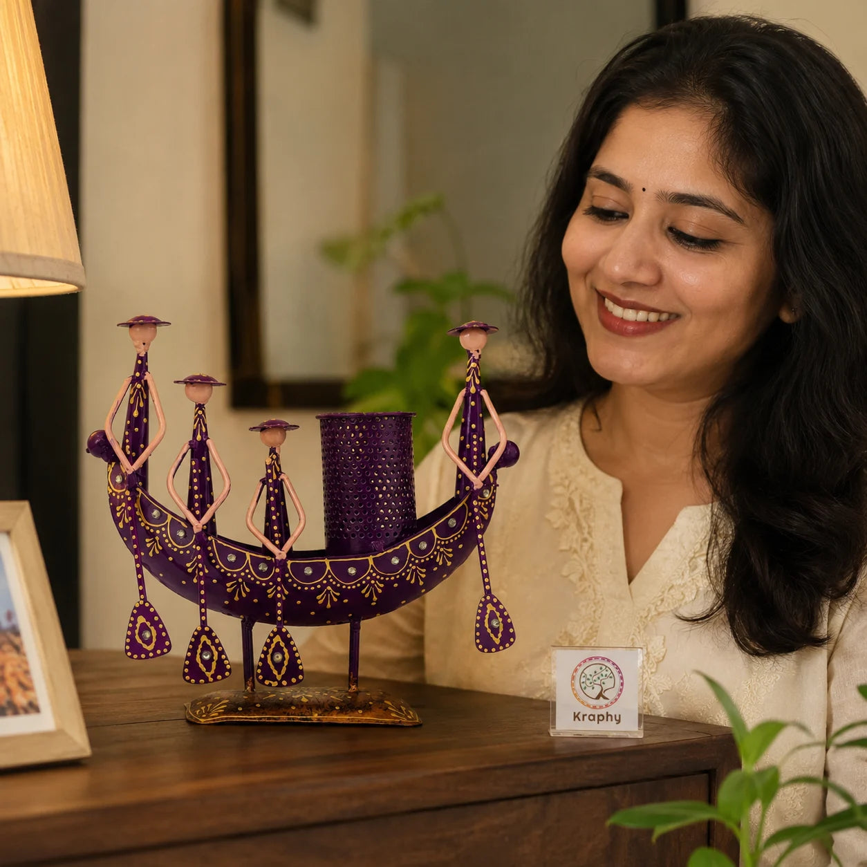 Rajasthani Gondola Pen Holder Metal Showpiece | Hand-Painted Purple Tribal Desk Decor | 9.4 Inch