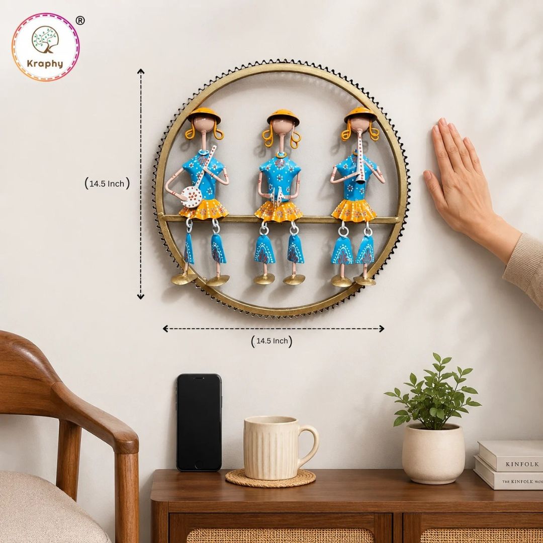 Kraphy Handmade Metal Musical Trio Wall Art | Round Iron Wall Hanging Decor | Ethnic Musician Wall Sculpture for Living Room