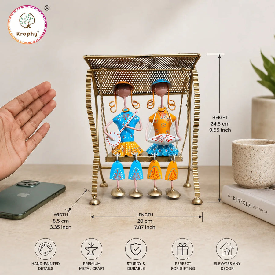 Rajasthani Musician Couple Swing Metal Showpiece | Jhula Folk Art | 10 Inch – Kraphy size guide