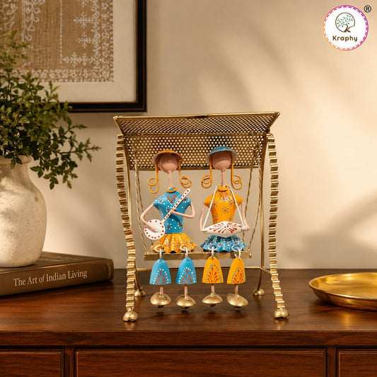Rajasthani Musician Couple Swing Metal Showpiece | Jhula Folk Art | 10 Inch – Kraphy