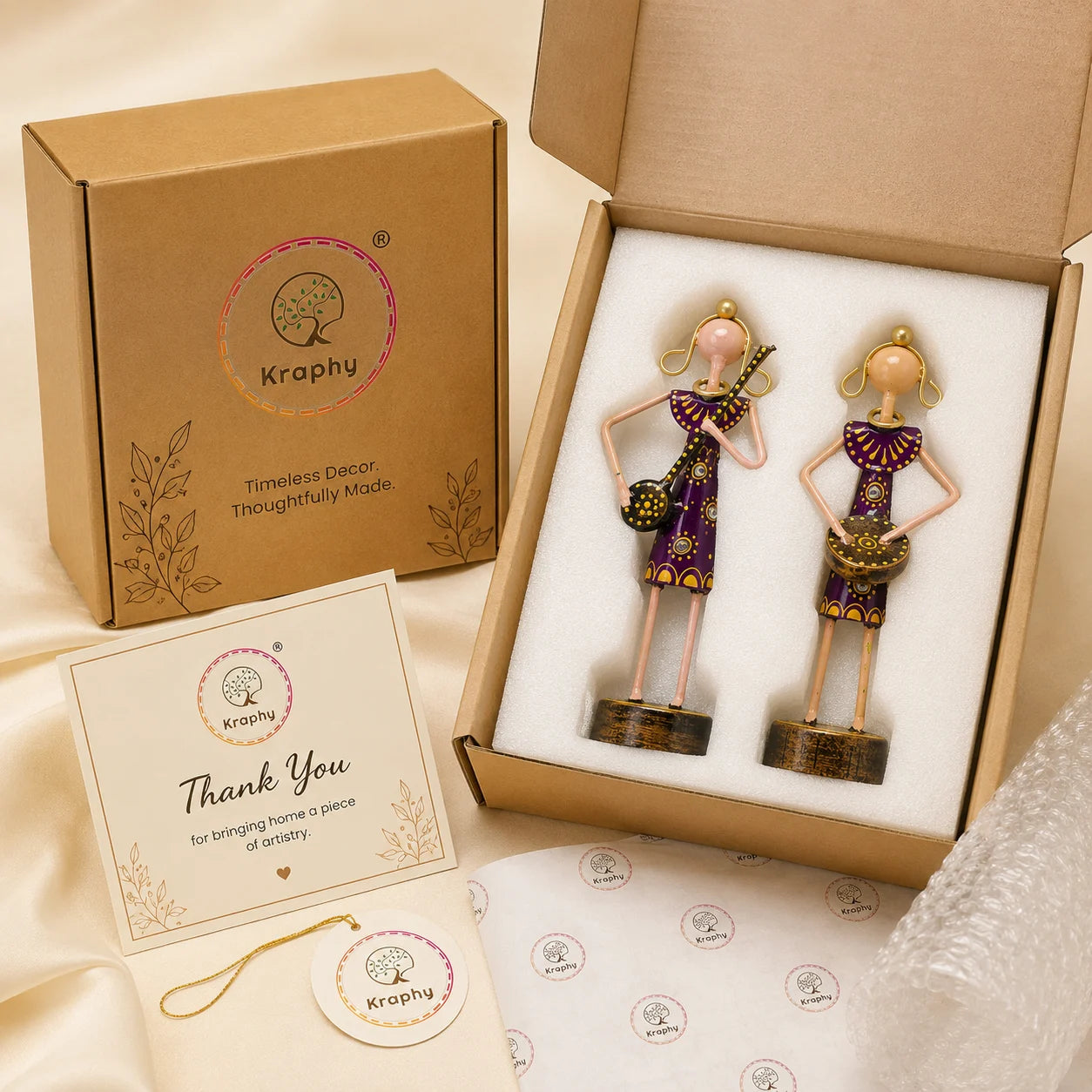 Mini Rajasthani Musician Couple Metal Showpiece Set | Hand-Painted Purple Folk Art | Set of 2 | 6 Inch