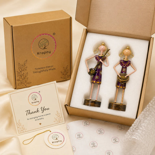 Mini Rajasthani Musician Couple Metal Showpiece Set | Hand-Painted Purple Folk Art | Set of 2 | 6 Inch media 5