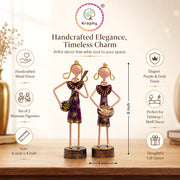 Mini Rajasthani Musician Couple Metal Showpiece Set | Hand-Painted Purple Folk Art | Set of 2 | 6 Inch